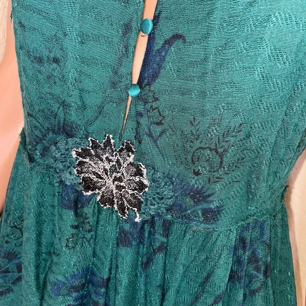 Free People top blouse tunic style halter tie back green flowy embroidered SZ S
